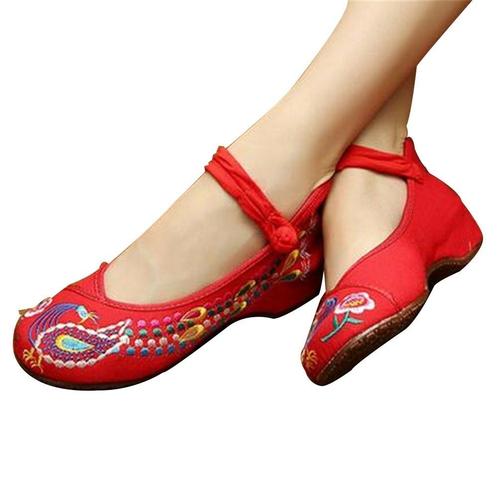 Chinese Embroidered Floral Shoes Women Ballerina Mary Jane Flat Ballet Cotton Lo