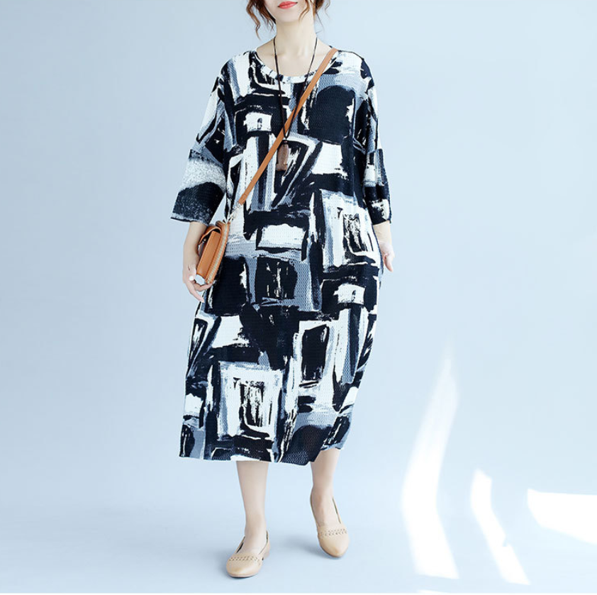 Black & White Abstract Print Oversized Baggy Tunic Long Dress