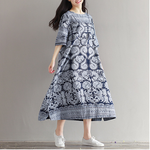 Boho Pteris Floral Highlander Linen Tunic Dress