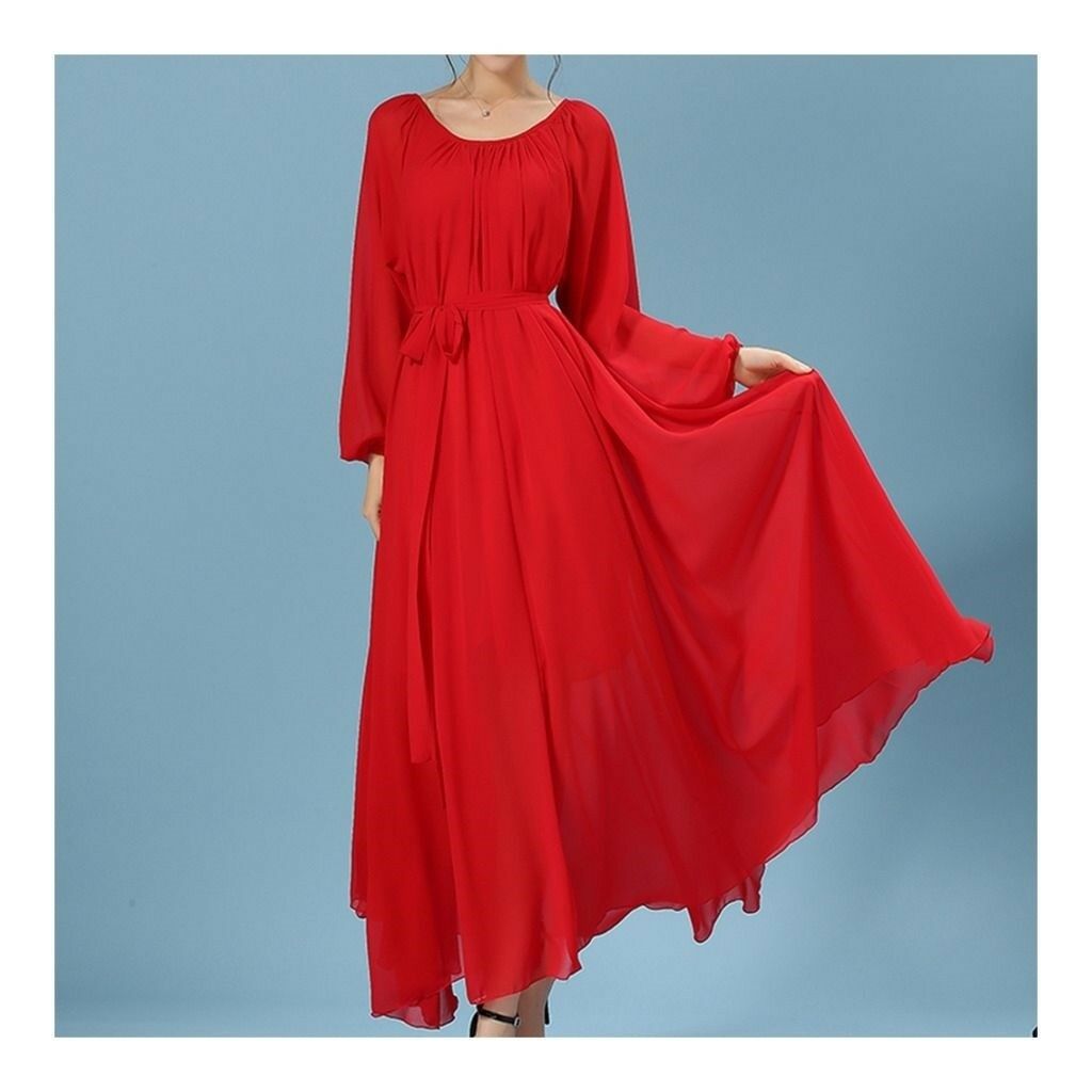 Long Sleeve Dress Bohemian Long Skirt Chiffon   red   S