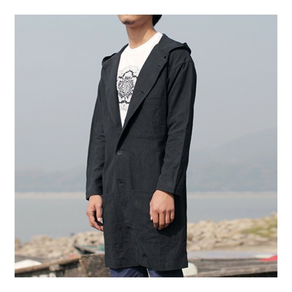 Middle Long Hoodied Wind Coat Man Cloth Single-breasted   black