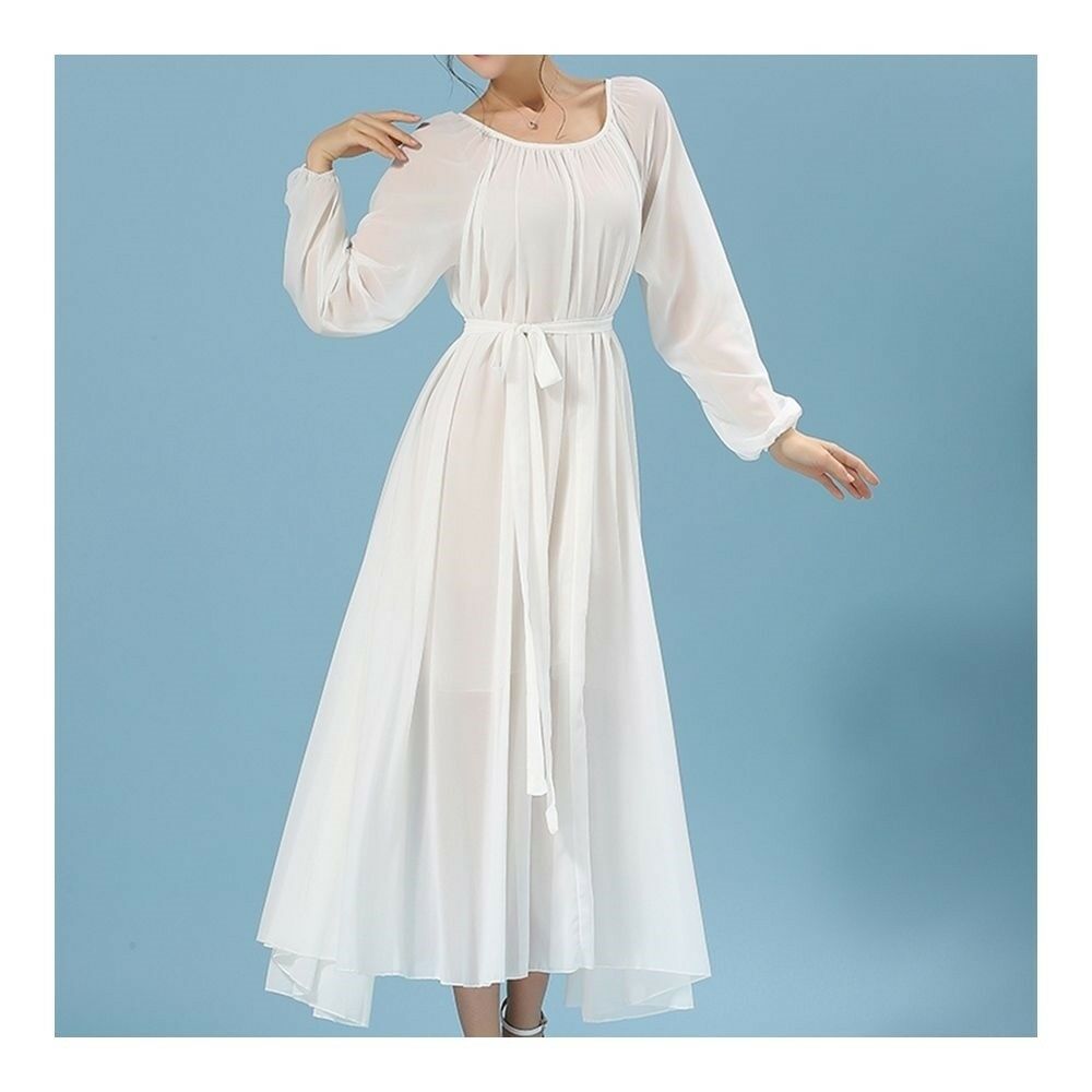 Long Sleeve Dress Bohemian Long Skirt Chiffon  white   S