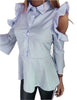 Black Blue Pink & White  Stripe Frill Cold Shoulder Shirt Blouse Top
