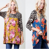 Blossom Floral Casual Jersey Top w Leopard Print Sleeves 4 Colors