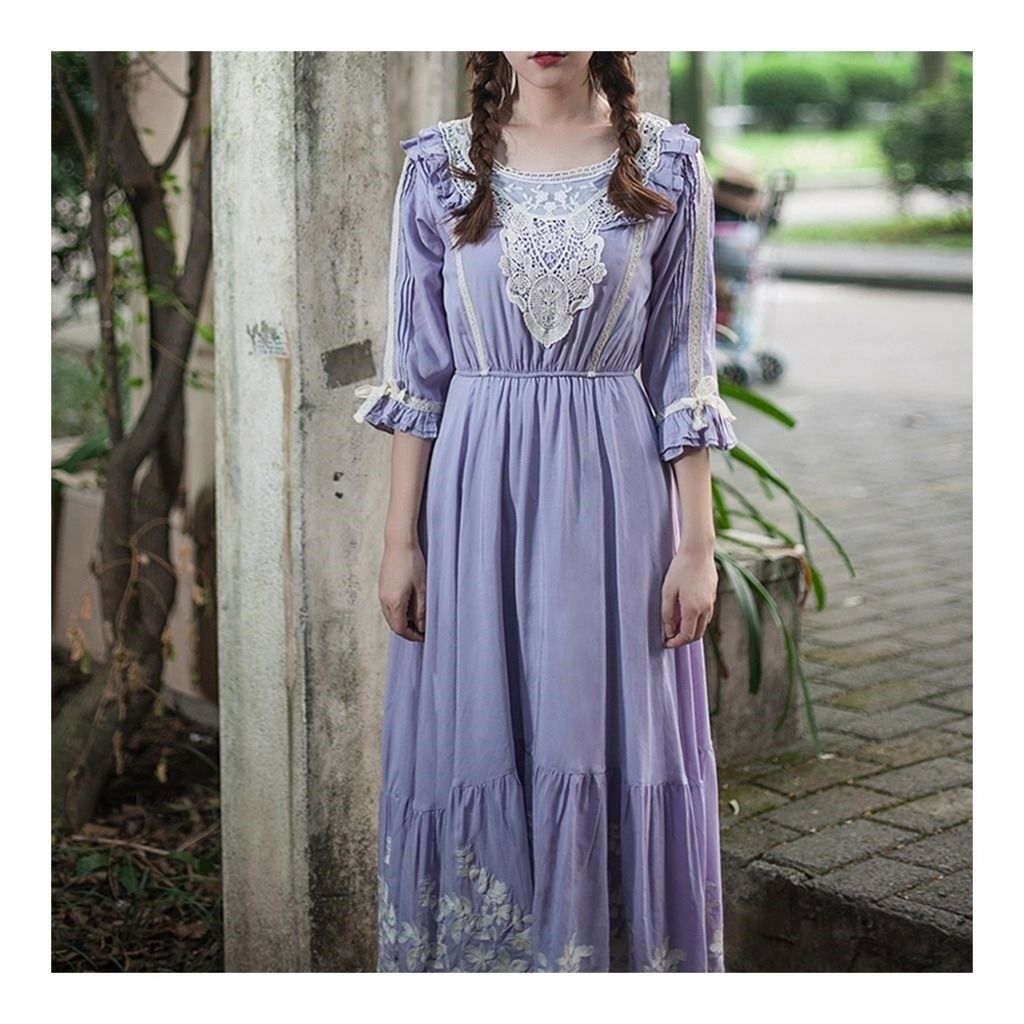 Mercerized Cotton Embroidery Craft Vintage Long Dress    violet   S