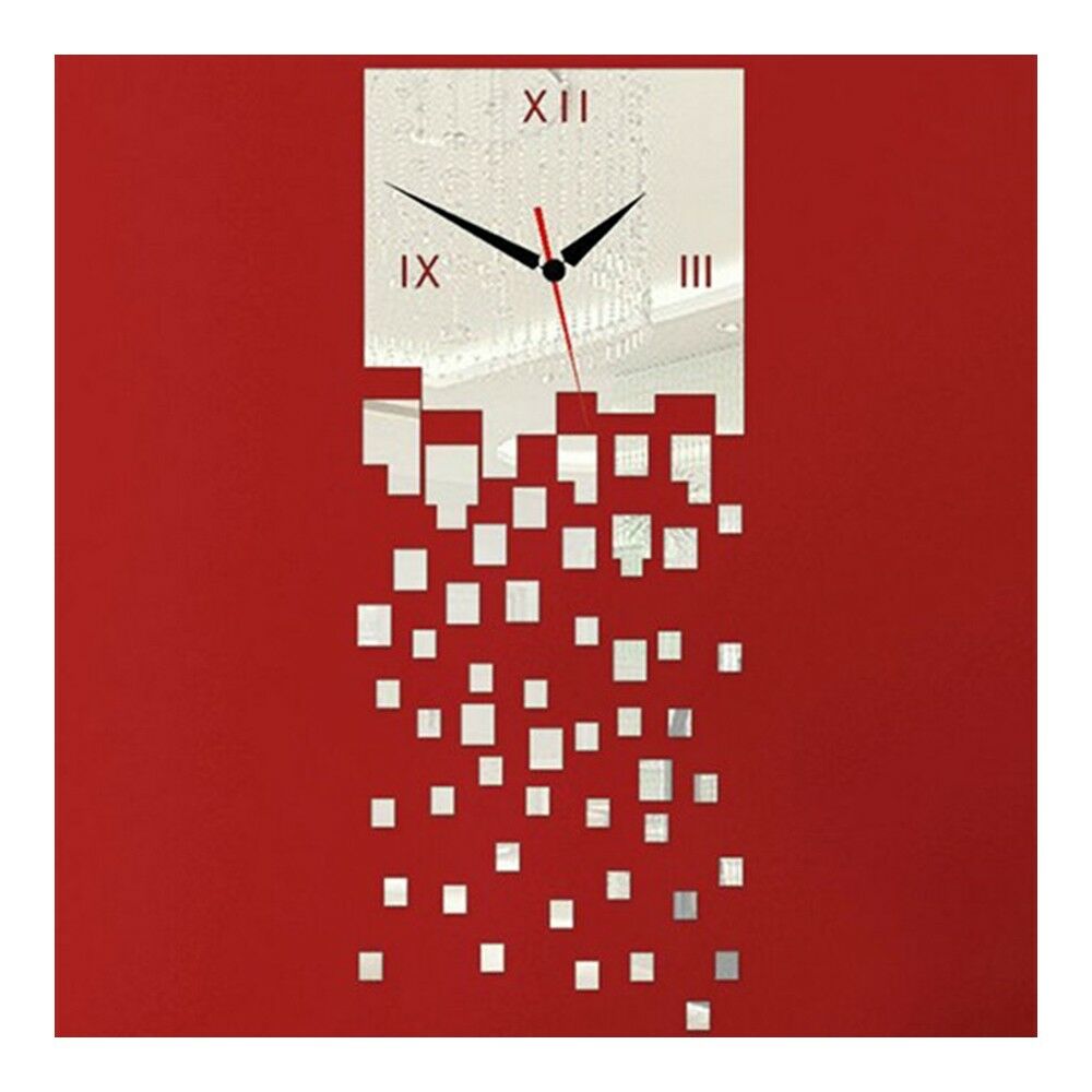 Mirror Wall Clock 3D Decoration Square Mosaic   silver