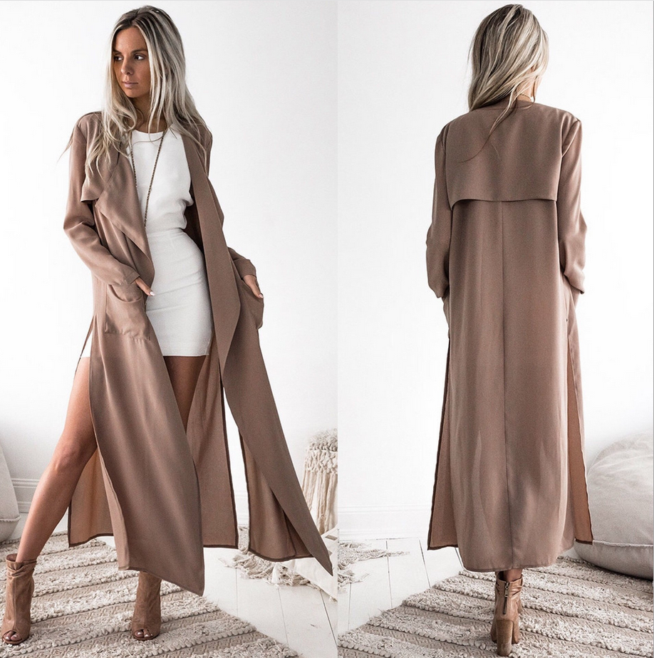 Beige Waterfall Lapel Longline Open Front Trench Coat Jacket