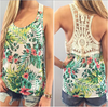 Tropical Blossom Floral & Leaves Sleeveless Crochet Back Tank Top