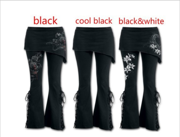 Black Gothic Punk Folded Floral Lace Over Wide Leg Trousers Pants Plus Size