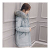 Hooded Middle Long Racoon Down Coat Woman Slim Warm   grey blue