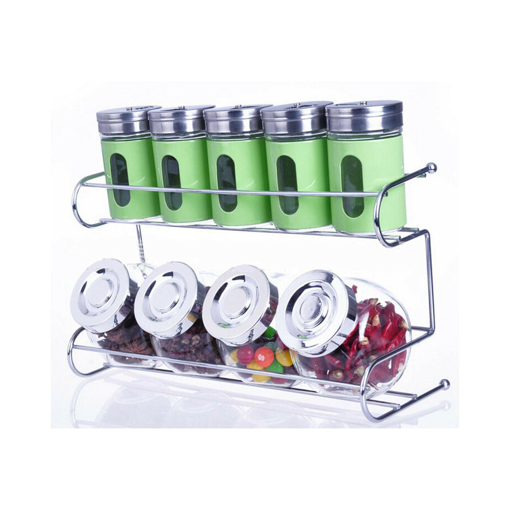 9 Canister Metal & Glass Spice Shakers Glass Jars 2 Tier Wire Rack Display Green