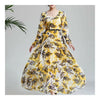 Printing Leaf Long Sleeve Round Collar Long Dress   S