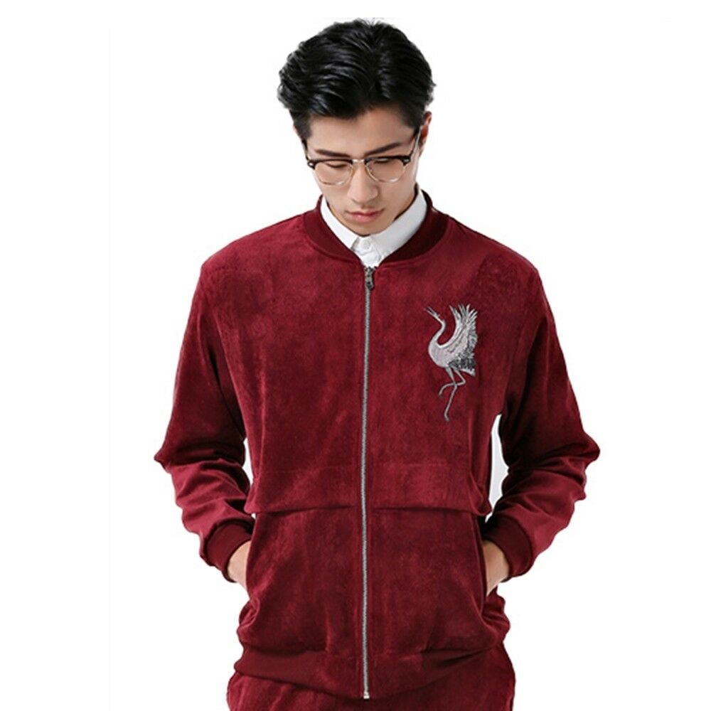 Man Cloth Cardigan Embroidery Coat Jacket Suit   wine red