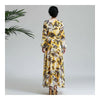 Printing Leaf Long Sleeve Round Collar Long Dress   S