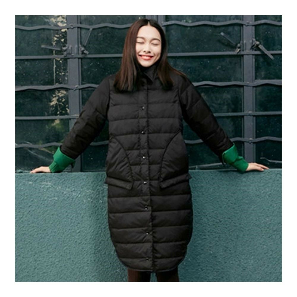 Middle Long Down Coat Woman Contrast Color Thin Light   black