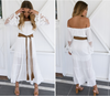 White Boho Crochet Bell Sleeves Off Shoulder Maxi Long Dress