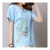 Loose Plus Size Cotton&Flax Casual Top T-shirt   sky blue