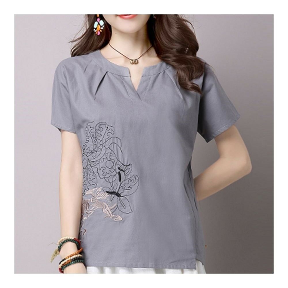 Loose Plus Size Cotton&Flax Casual Top T-shirt   grey