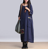 Bleu Lin Tissé Chiffon Patch Surdimensionné / Ample Robe Tunique