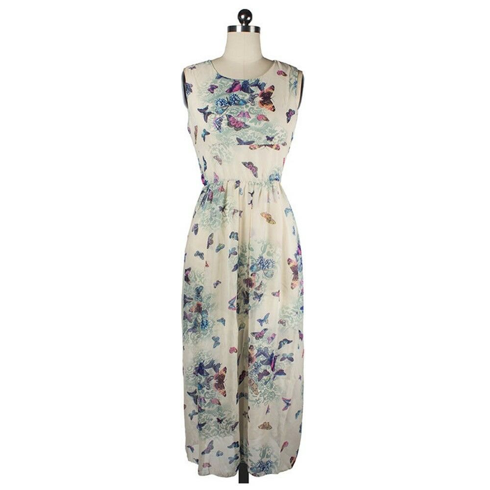 Bohemian Chiffon Long Dress Sleeveless Printing   blue