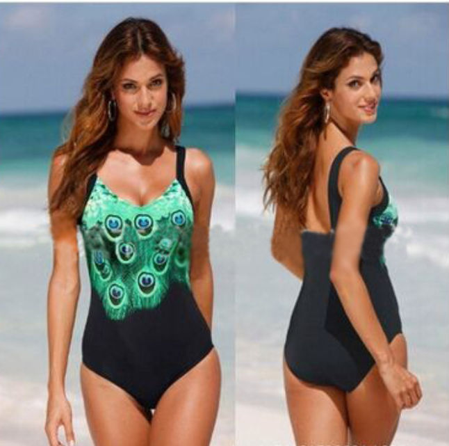 Black Peacock Print Padded Bikini Set Tankini 1Piece Monokini Swimwear Plus Size