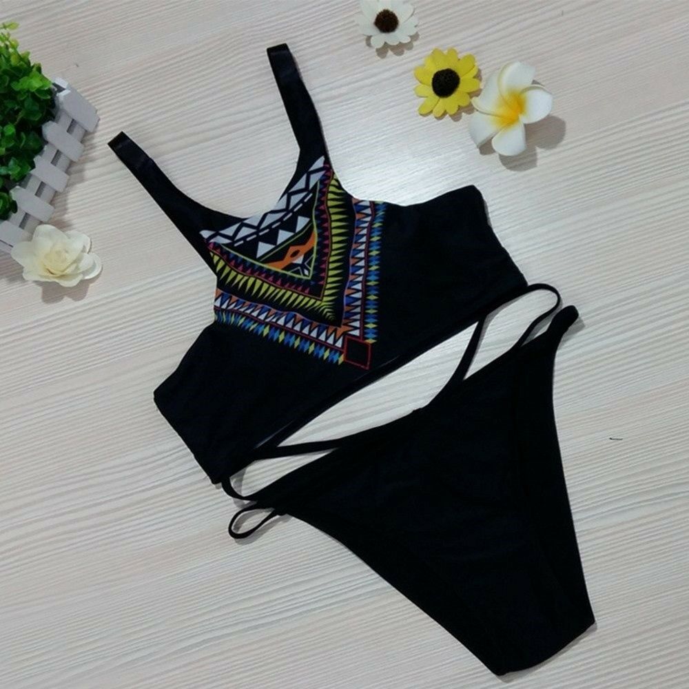 Printing Bikini Sexy Women Swimwear Swimsuit   thin stripe black pants