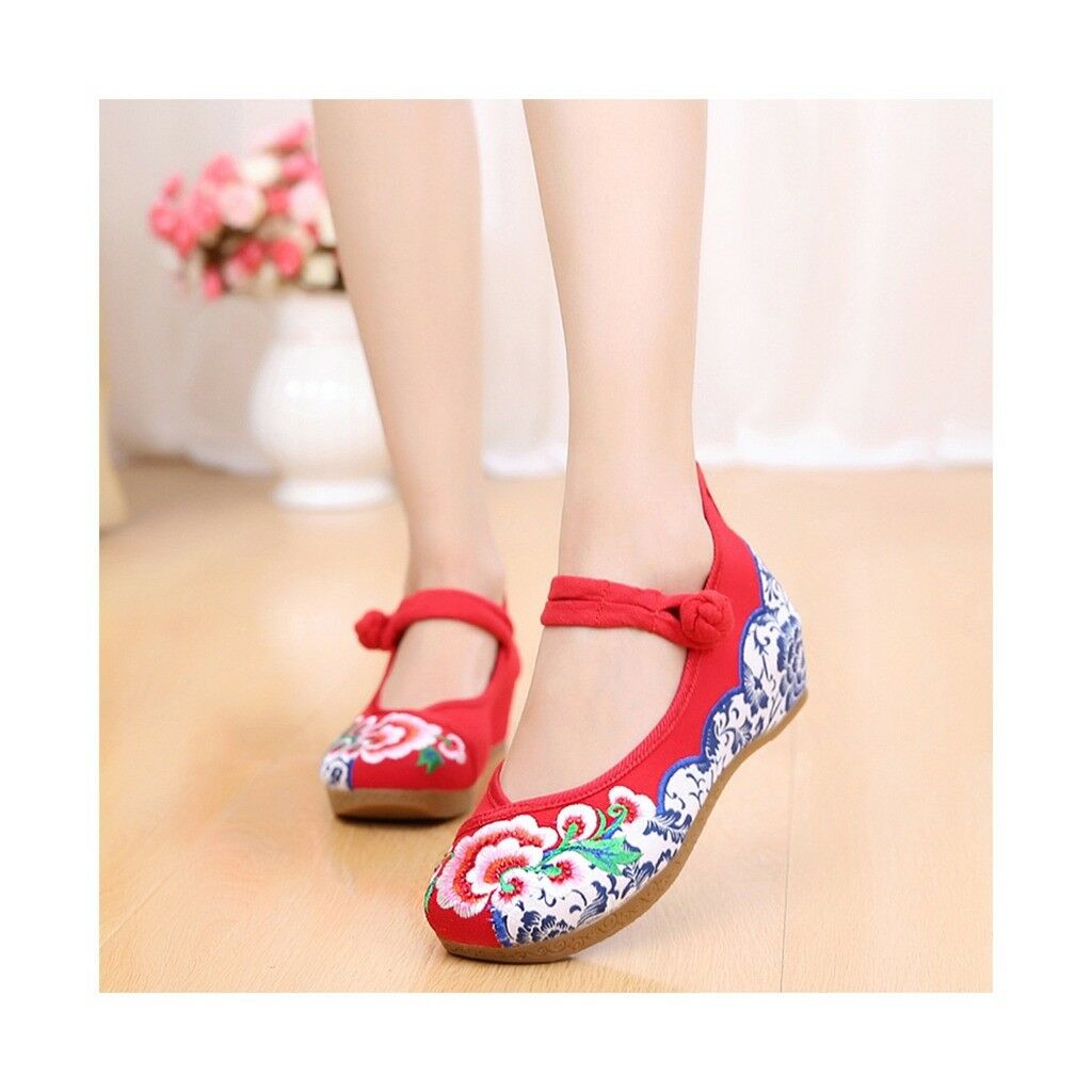 Old Beijing Cloth Shoes Thick Sole National Style Embroidered Woman Shoes  red