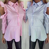 Black Blue Pink & White  Stripe Frill Cold Shoulder Shirt Blouse Top