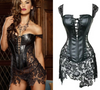 VICTORIAN Burlesque Cosplay Goth Black Lace PU Leather Crochet Corset Plus Size