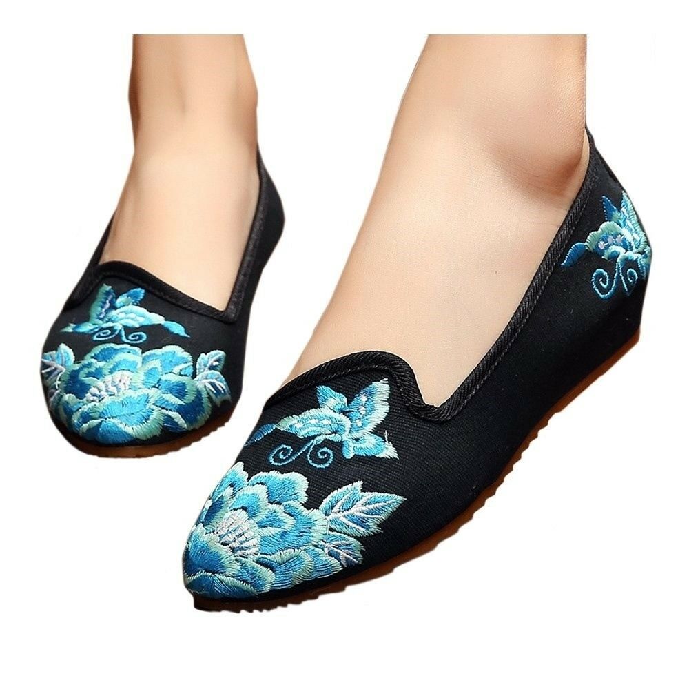 Butterfly with Flower Pointed Last Slipsole Old Beijing Cloth Shoes    black