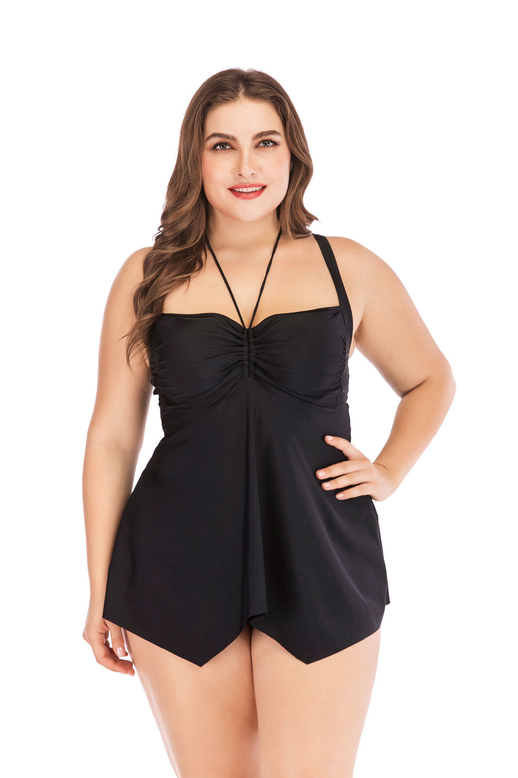 Women Classic Solid Black Padded One Piece  Suspended Strape Dress Swimsuit Pad