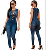 Bleu Jean sans Manche Jeans Délavé Croix Col Combinaison Ensembles