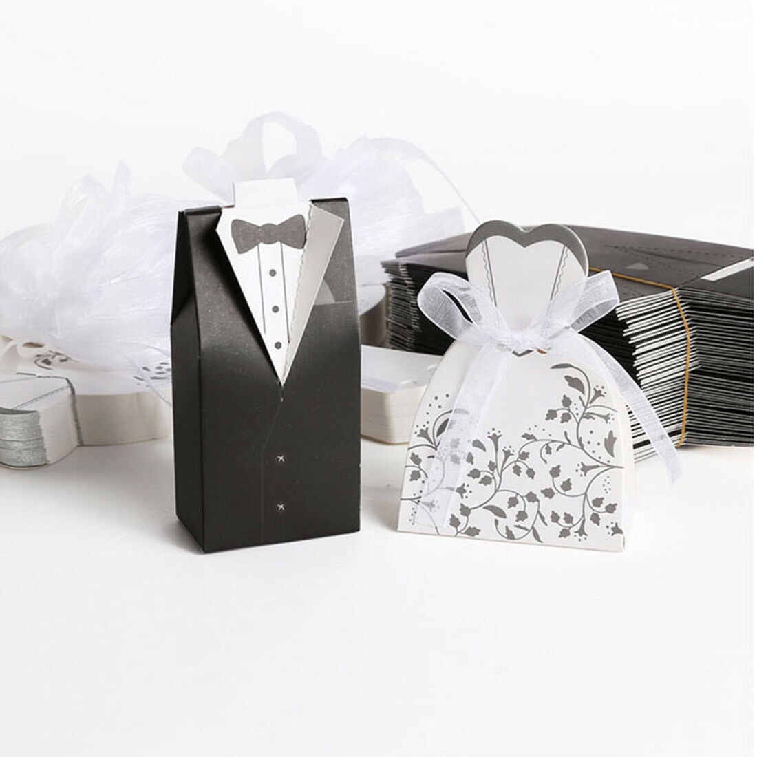 100Pcs Wedding Favor Candy Box Chocolate Box Bride Groom Dress Tuxedo Party Ribb