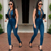 Blue Denim Sleeveless Faded Jeans Cross Neck Jumpsuit Overalls