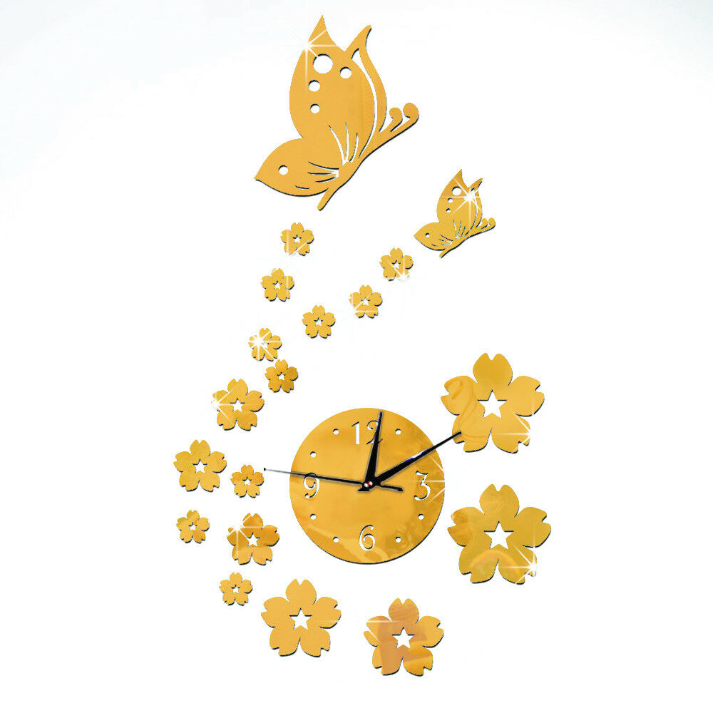 Mirror Wall Clock Living Room 3D Butterfly Flower