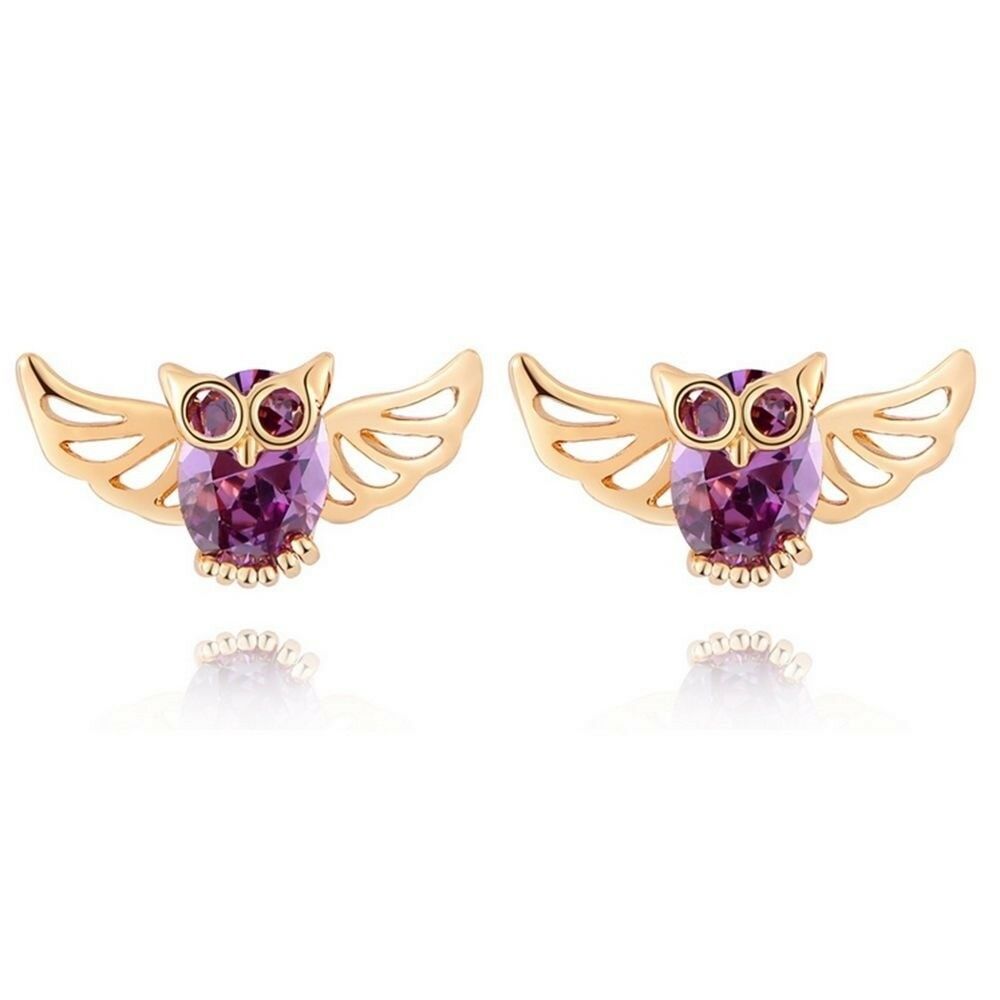 Owl Ear Studs Purple Zircon 18K Gold Galvanized