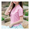 Platte Knopf Spleißung Stehkragen Kurzarm T-Shirt Pink