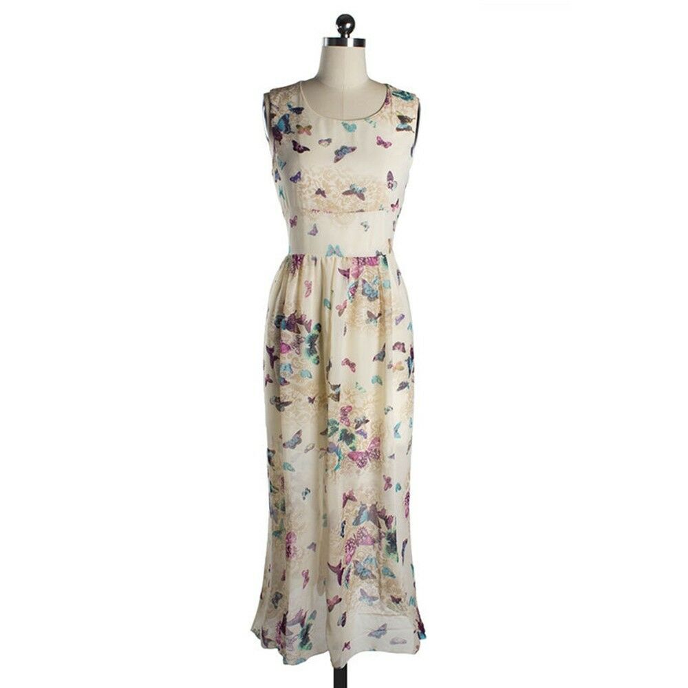 Bohemian Chiffon Long Dress Sleeveless Printing   purple