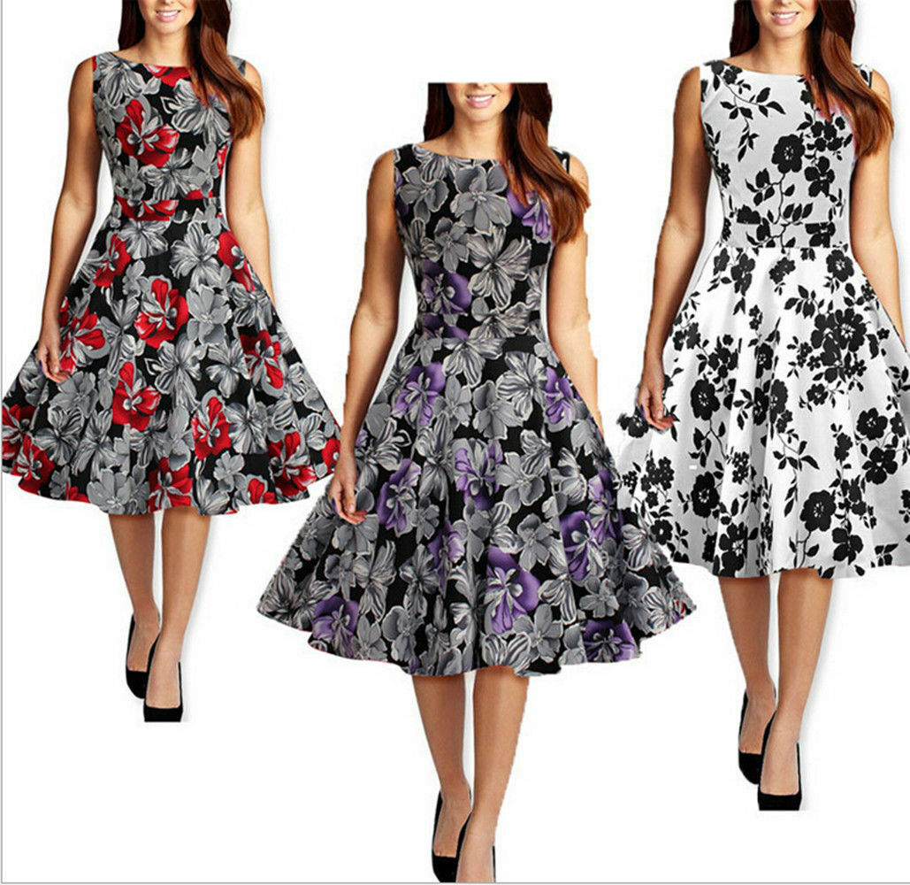 Women Vintage 50s Rockabilly Audrey Hepburn Boat Neck Floral Printed Swing Dress