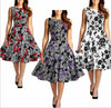 Women Vintage 50s Rockabilly Audrey Hepburn Boat Neck Floral Printed Swing Dress