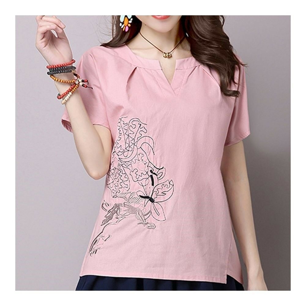 Loose Plus Size Cotton&Flax Casual Top T-shirt  pink