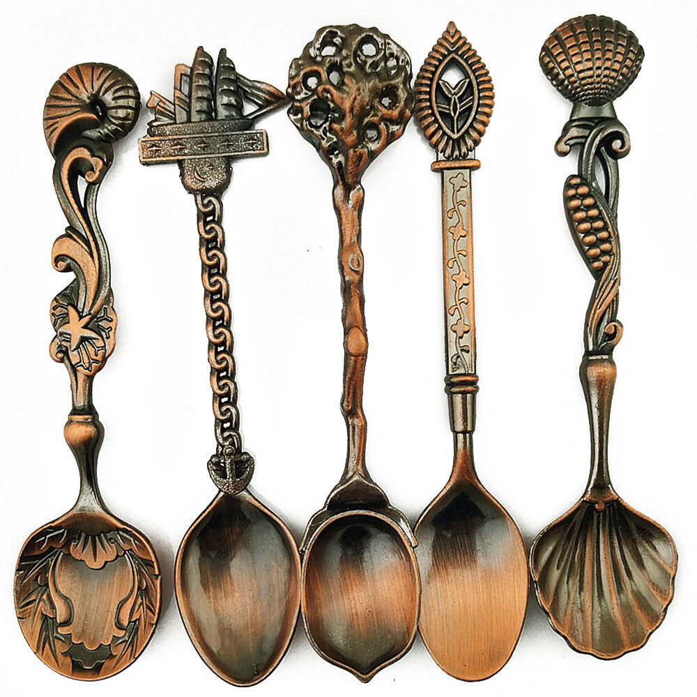 5 Pcs Alloy Vintage Royal Style Bronze Carved Small Coffee Spoon Flatware