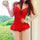 Women Backless Drape Pure Color Swimsuit Swimwear Bathing Suit red