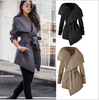 Damen Mode Schwarz Khaki Grau Großer Kragen Gebundener Bund Mantel Winterjacke