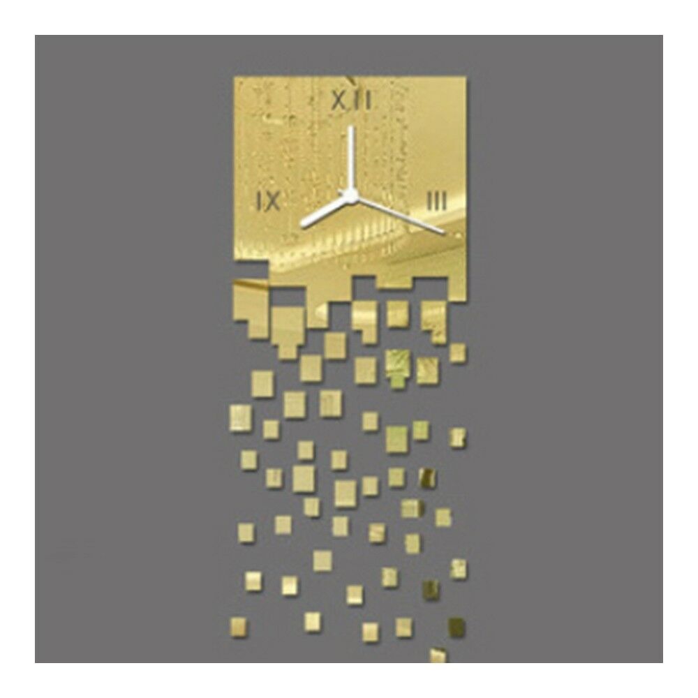Mirror Wall Clock 3D Decoration Square Mosaic   golden