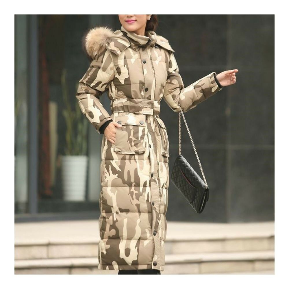 Big Fur Collar Plus Size Extra Long Thick Slim Down Coat    camouflage