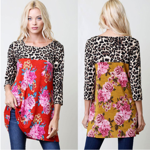 Blossom Floral Casual Jersey Top w Leopard Print Sleeves 4 Colors