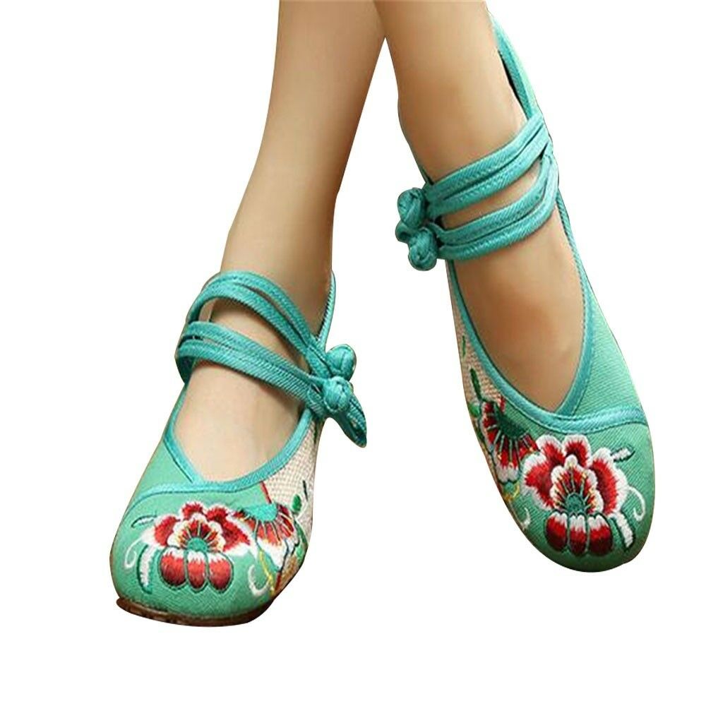 Chinese Embroidered Floral Shoes Women Ballerina Mary Jane Flat Ballet Cotton Lo