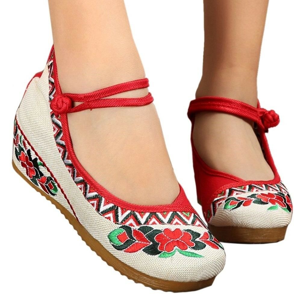 Old Beijing Cloth Embroidered Shoes Flax   red