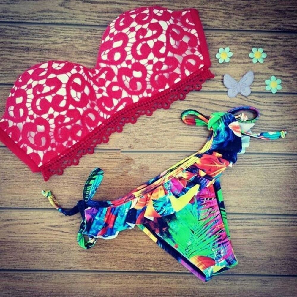 Red Macrame Lace Printing Bikini Swimwear Swimsuit Bathing Suit